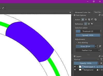 Selection with Grow set to 50 pixel painted over selected area to show that it paints only in the selected area