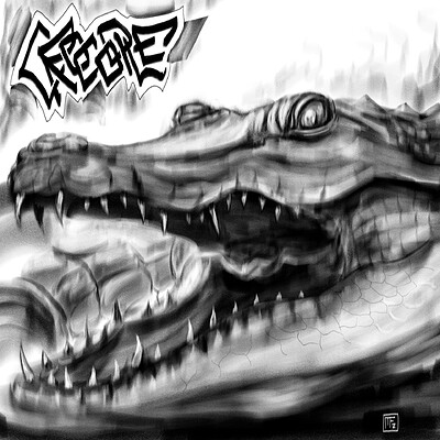 Drawing practice with Charcoal 02 Pencil-SoftGrain,Subject_Crocodile with graffiti in black and white