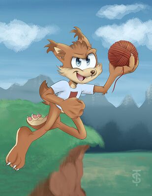 Bubsy in his classic attire and proportions. He's holding a ball of yarn jumping off a cliff.