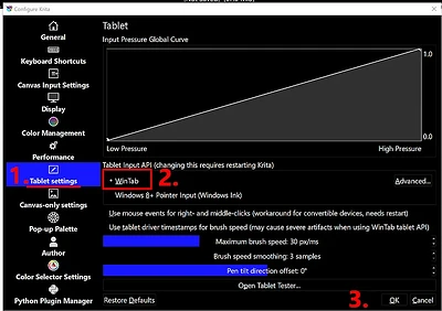 Wintab selected in Krita