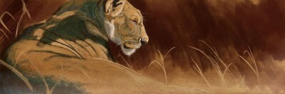 lion evening painting signed