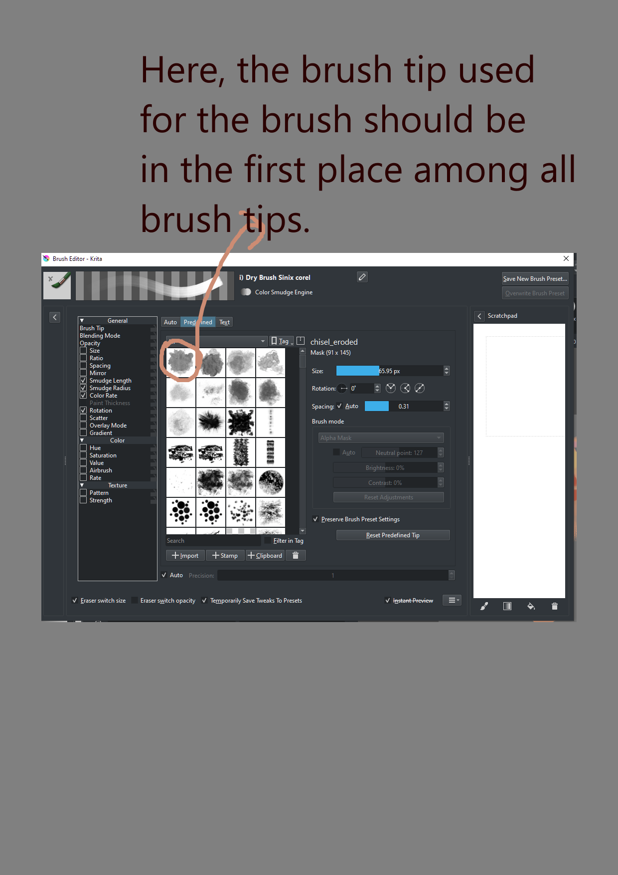 Selected brush tip on top left (first place in the list) please