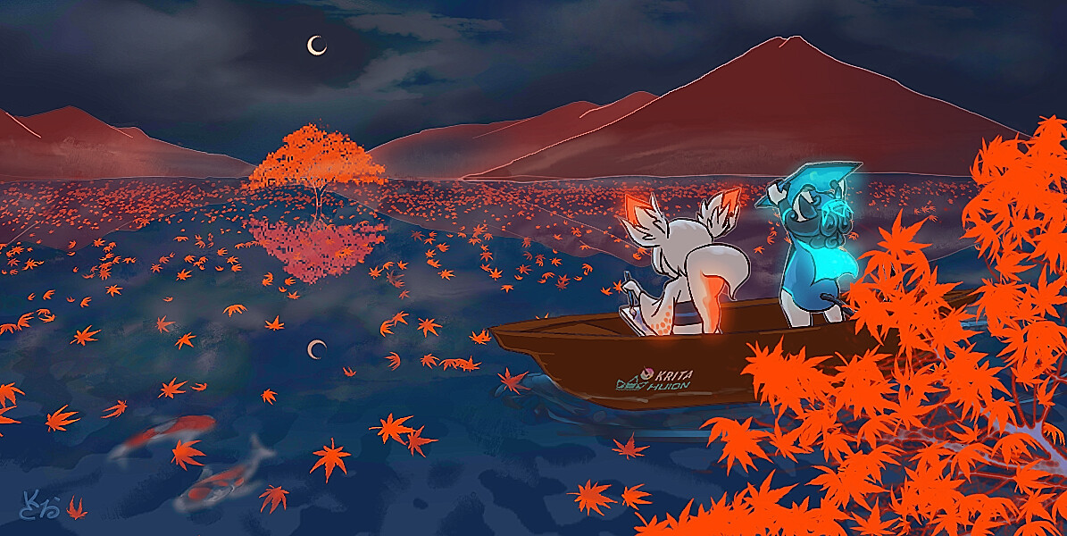 夜水紅葉-Autumn leaves reflected in the water at night- - Four